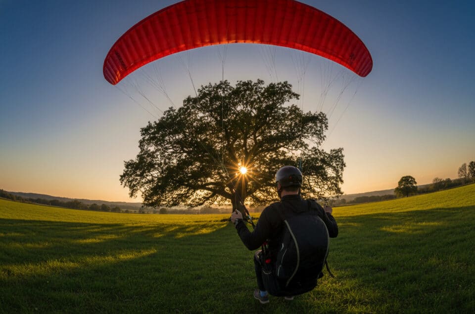 Gleitschirmflieger auf einer Wiese, dessen Blick auf einen großen Baum fixiert ist – eine visuelle Darstellung des Phänomens der Objektfixierung.