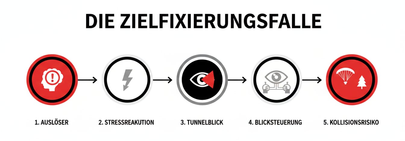 Infografik zur Zielfixierungsfalle im Gleitschirmfliegen mit 5 Schritten: Auslöser, Stressreaktion, Tunnelblick, Blicksteuerung, Kollisionsrisiko, dargestellt durch Symbole in Rot, Weiß, Schwarz und Grau.